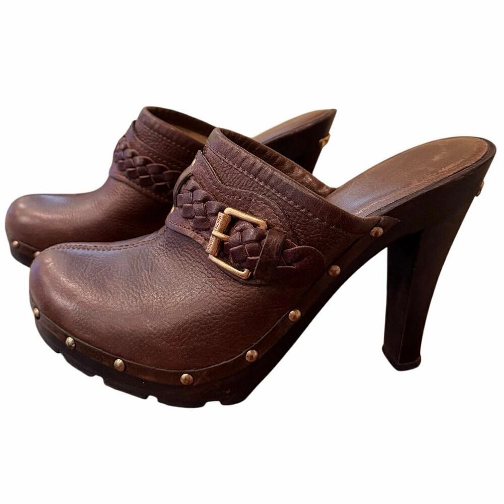 Michael Kors Brown Leather Mules Wooden Heels Women’s Size Braided Detail Size 8 - Picture 8 of 10
